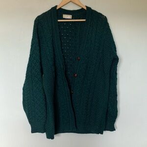 L.L. Bean Dark Forest Green Cable Knit Aran Fisherman Cardigan made in Ireland